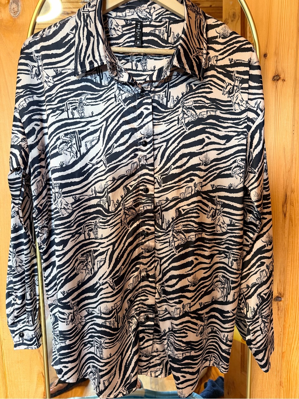 Zebra-Print Pearl Snap Blouse